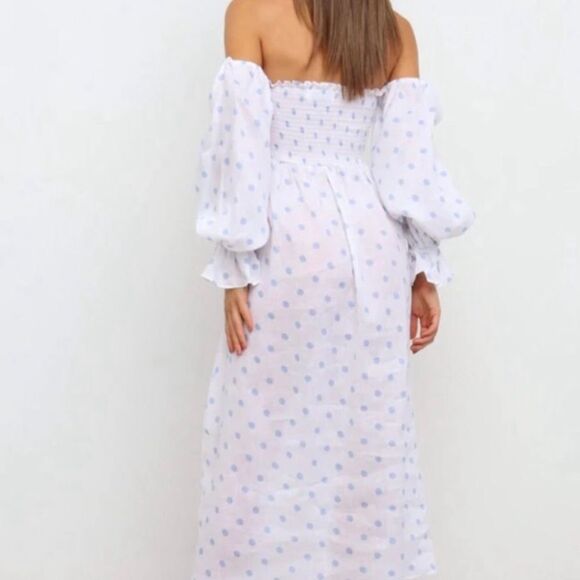 ✨🌸✨Petal & Pup Gabriella Blue Polka Dot Smocked Midi 100% Linen Dress ✨🌸✨ - Picture 12 of 16